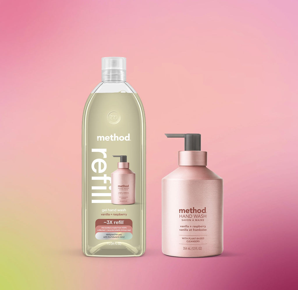 gel hand wash starter set - vanilla + raspberry. 46 fl oz