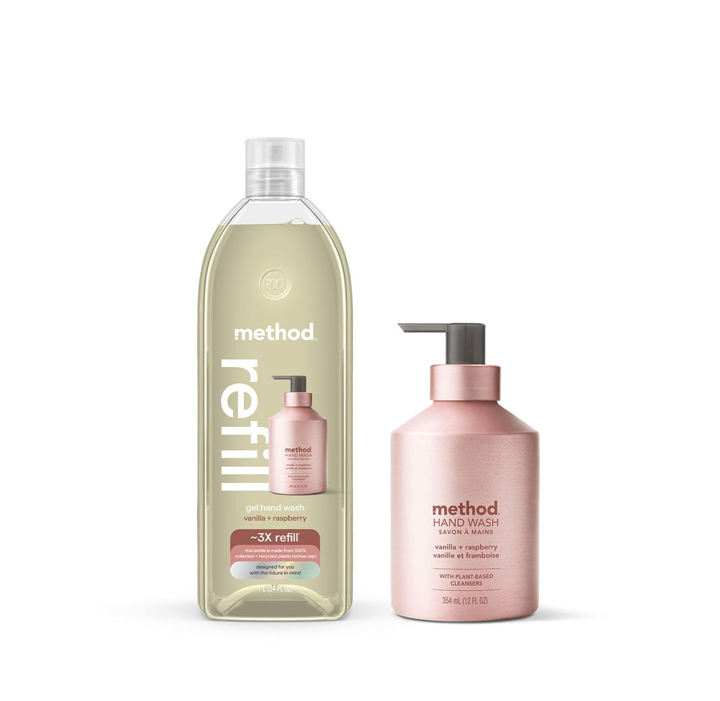 gel hand wash starter set - vanilla + raspberry. 46 fl oz