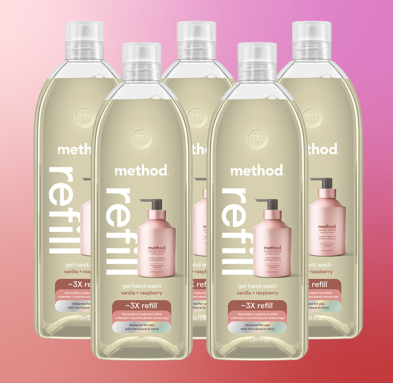 vanilla + raspberry gel hand wash refill 5-count bundle. 170 fl oz